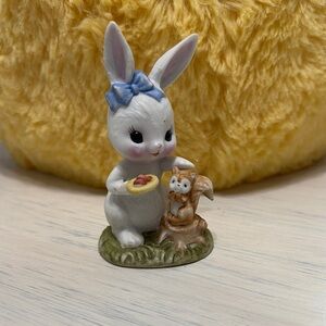 Charming White Bunny Figurine with Blue Bow